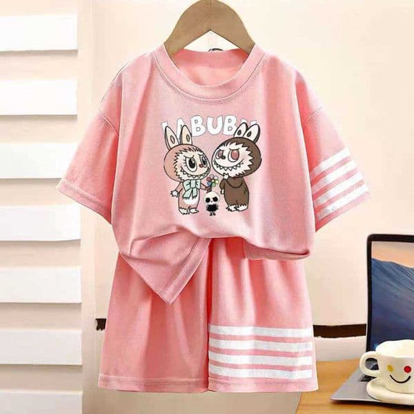 Labubu Girls Cute Short-Sleeve Sports Suit 2026 New Summer Casual Cartoon Print Childrens Two-Piece Set L260521HHZV