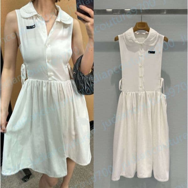 Lace Sweet Elegant Designer Sleeveless Dresses for women Peter Pan Collar Side Adjustable Tie Waist Chest Brand Embroidery miusLogo Summer Vacation Daily Wear