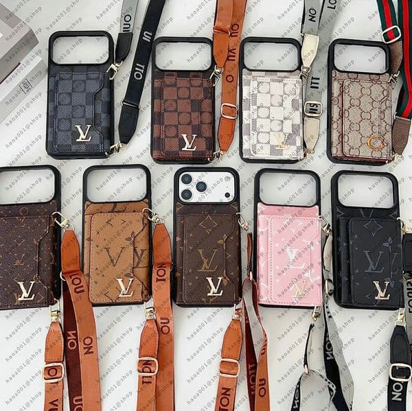 Designer iPhone Case for iPhone 17 Pro Max 16 15 Plus 14 13 12 Shockproof Luxury Phone Cover Wallet for Men Women Protection Flip Wallet Case with Card Holder and Chain