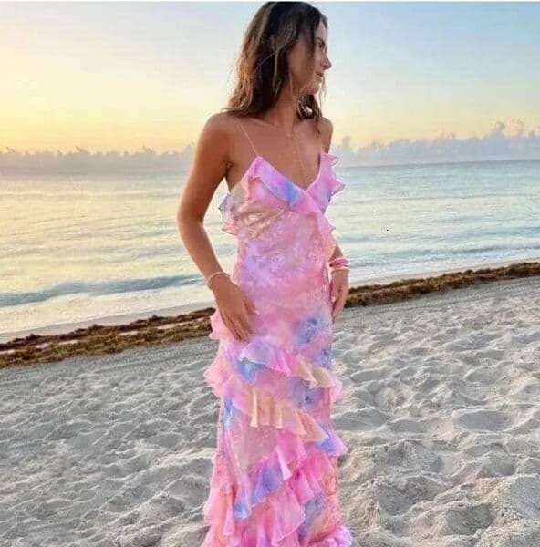 Chic Watercolor Floral Long Dress Women Spaghetti Strap Ruffle Tiered Chiffon Slim Fit Sling Dresses 2026 Summer Lady Party Wear