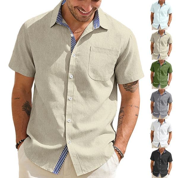 Summer new mens turn-down collar buttoned cotton-linen pocket short-sleeve shirt American casual T-shirt