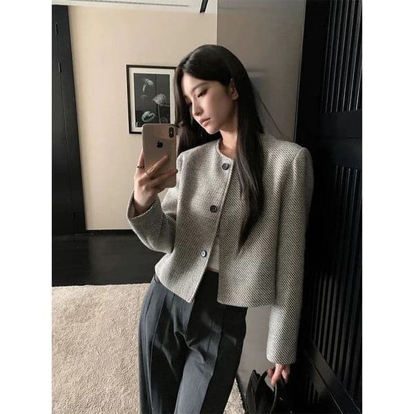 MEXZT Elegant Tweed Jacket Women Vintage Cropped Coats Korean Long Sleeve Short Outerwears Autumn Office Ladies n Blazer 260602