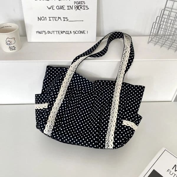 Women Cute Lace Tote Bag Korean Vintage Dot Canvas Shoulder Bucket Bag Large Capacity Multi Pocket Commuter Handbag 260603