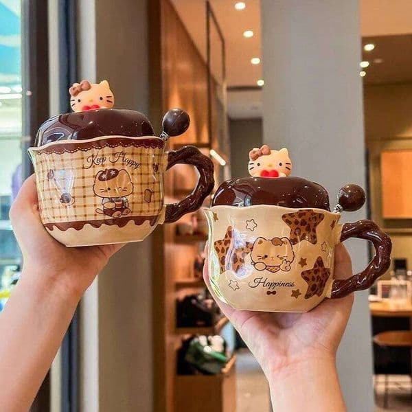 Good-looking cute black-skinned personktCat ceramic mug with lid and spoon, couple's coffee cup, birthday gift for girls 26L0603