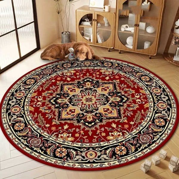Rug Vintage-Style Round with Traditional Floral Carpet Non-Slip Machine Washable for Living Room Bedroom Outdoor Spaces Rugs L260603