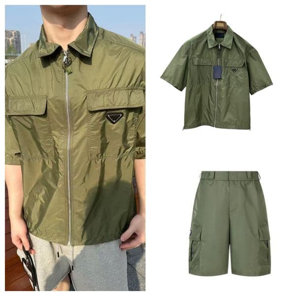 2026 designer Tracksuits mens clothing Short-Sleeve Shirt Set Mens Casual Loose waterproof Fit Sportswear Set Recycled Nylon Solid Color Double Pockets with Zipper