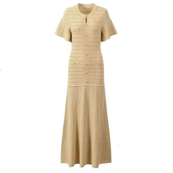 Sandro Elegant Solid Knit Dress Openwork Fabric Edge Cuff Front Slim Waist Flared Hem Outdoor Daily Travel Women Luxury Designer Dress Casual Print Slim Dress 859