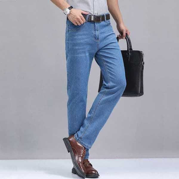 Summer Thin Mens Elastic Cotton Jeans Fashion Sky Blue Comfortable Business Straight Casual Pants Brand Male Clothes Trousers Q260603