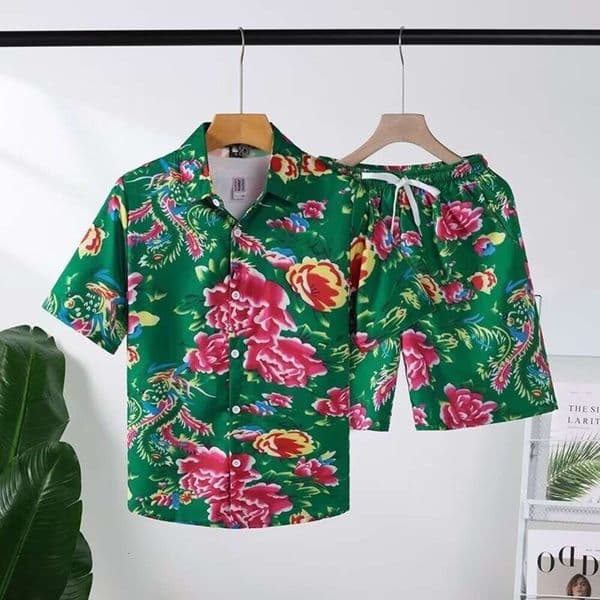 Northeast Floral Thin Couple's Floral Clothing Men's Short-Sleeved Red Shirt Set Summer Performance Cotton 5D8