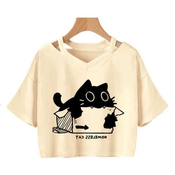 Fashion Womens Graphic Y2k Tshirt Street Style Cropped T Shirt 90s Clothing Kawaii Homeless Cat Print Sexy Crop Tops for Woman M260603