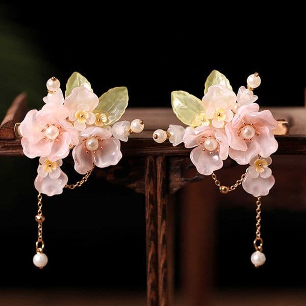 Flower Fairy Pink Hairpins Side Clips Floral Fringe Jewelry for Women Pearls Chain Pendant Hairclips Girls Hair Accessories M260603