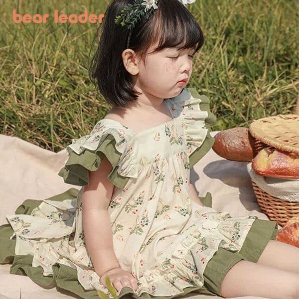 Girls Bear Dress 2023 Leader Summer Latest Girls Sweet Ear Hem Dress Bowknot Baby Retro Slim Skirt 2-7Y Girls Clothing M260603
