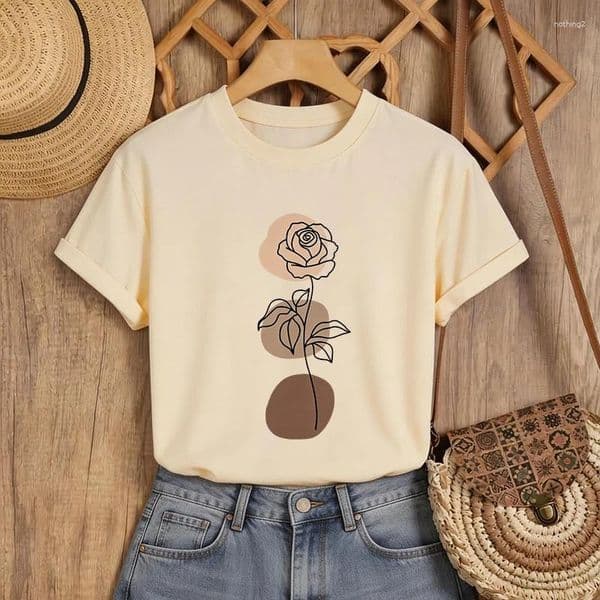 Women's T Shirts Crew Neck Shirt With Minimalist Floral Line Art Beige And Brown Rose Print Casual Graphic Tshirt Clothes Female