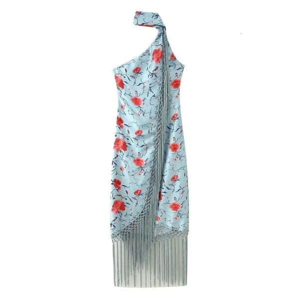 2026 Women Satin Floral Print Halter Neck Dress Fringe Trim Asymmetrical Hem Party Maxi Dress for Beach Vacation 260601