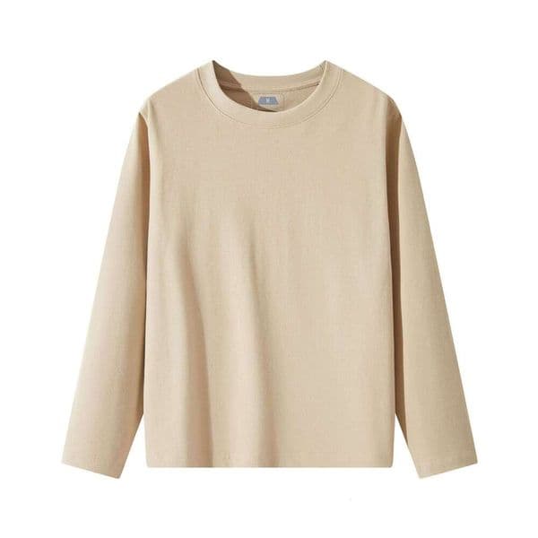 Japanese Style Washed 320G Heavy Carbon Brushed Long Sleeve Pure White Cotton Long Sleeve Unisex Couple Style Thick Simple 661