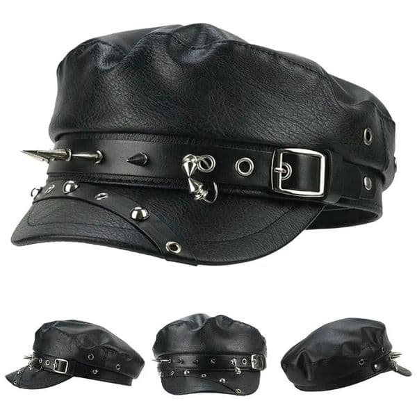 Fashion PU Leather Women Beret Punk Style Vintage Flat Top Military Caps Women's Vintage Rivet Beret Harajuku Y2K Gothic Cap 260603