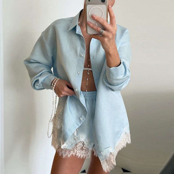 European and American cross-border women's clothing summer new fashion solid color turn-down collar long-sleeve shirt lace splicing shorts set
