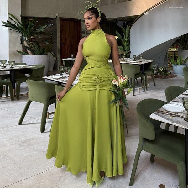 Casual Dresses In Stock European And American Cross-Border Women's Clothing 2026 Spring Fashion Halter Neck Waist-Cinching Pleated Solid