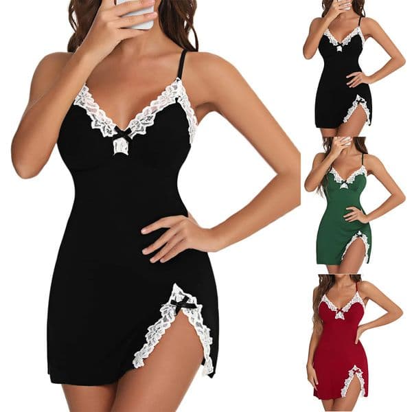 Sexy Sleepwear Women Lace Silk Satin V-Neck Nightgown Split Hem Soft Lingerie Night Dress Sleeveless Sleepwear Female Clothes 260602