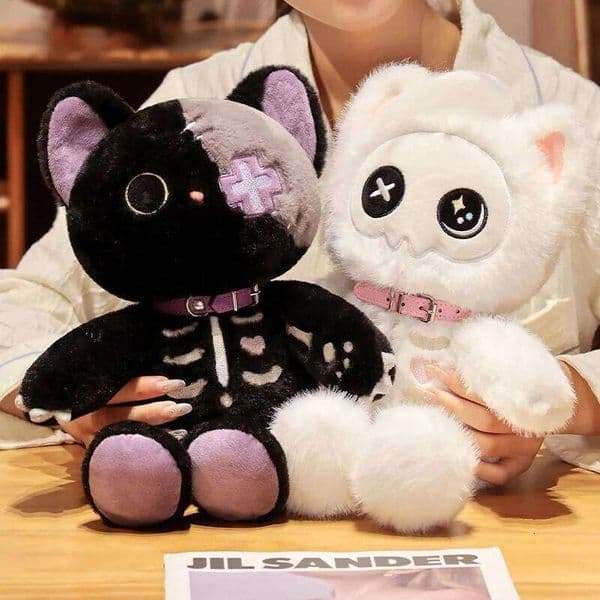 Kawaii Devil Skeleton Cat Plush Toy Stuffed Animal Cute Horror Monster Gothic Skull Kitten for Kids Halloween Xmas Gifts 26Y0603