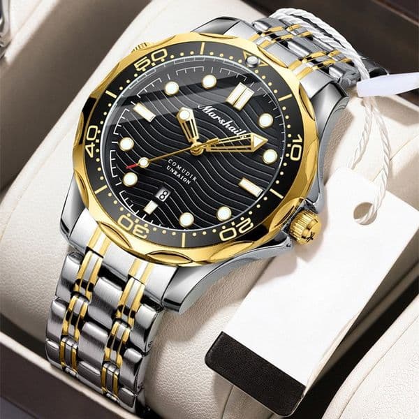 Classic Water Ripple Diving Sports Style Watch Daily Life Waterproof Luminous Calendar Mens Watch All Steel Strip Daily Wear Gift Watch