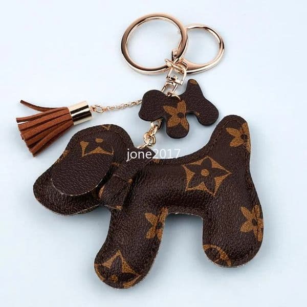 Cute Dog Design Car Keychain Bag Pendant Charm Jewelry Flower Key Ring Holder Women Men Gifts Fashion PU Leather Animal Key Chain Accessories