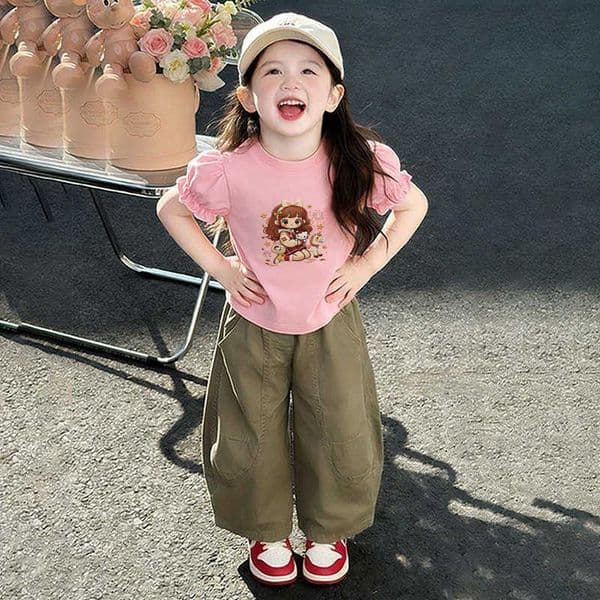 2026 Childrens Cartoon Print Lightweight Comfortable Puff Sleeve Top Kids Round Neck Pullover Quick-Dry Short Sleeve L260521W9FG