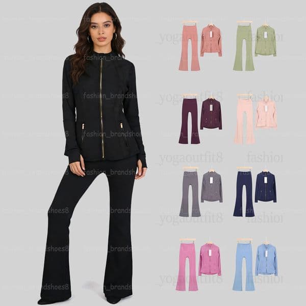 Women Yoga Gym Sets Sports Gold Zipper Jackets Flares Pants Suit Workout Clothes 2 Pieces Set Quick Dry Fitness Slim Top Sportswear Elastic Size S-3XL