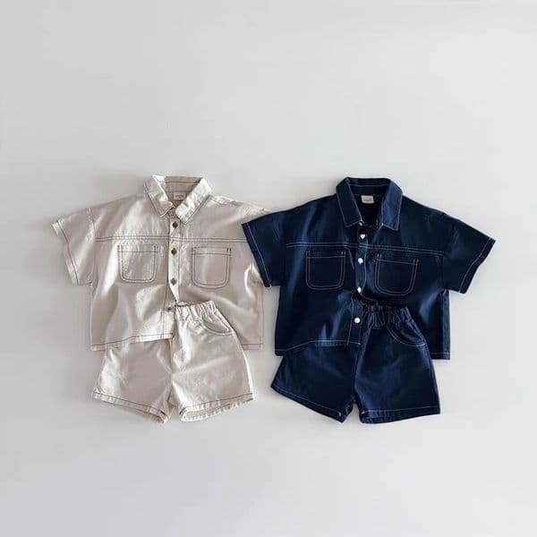 TZ2614 Korean Style Summer Childrens Clothing Set Boy Girl Soft Denim Shirt with Stitching Trendy Outfit for Kids260603