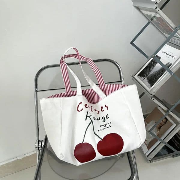 Reversible n Women Canvas Shoulder Bag Cotton Cloth Purse Handbag Cherry Red Stripes Large Tote Female Eco Shopping Bags 260603