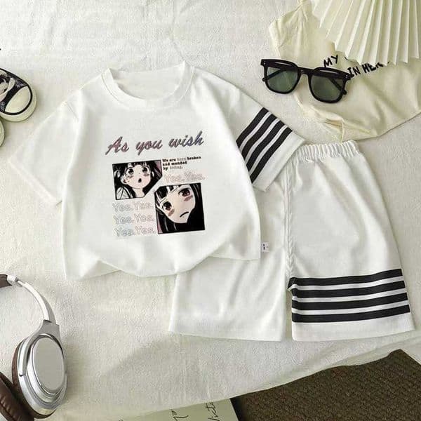 Childrens trendy four-bar short-sleeve shorts two-piece set for girls cute print sports outfit trendy and cute L260521I72O