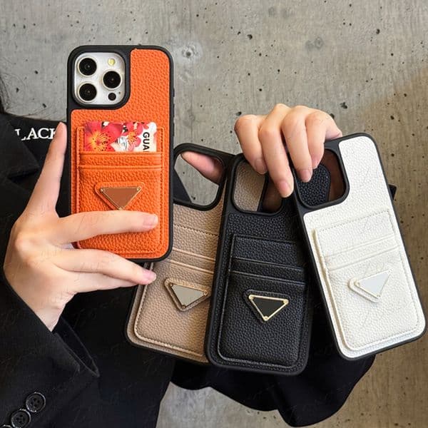 Vintage Tri-angle Brand Designer Phone Case for iPhone 17 Pro Max Air 16 15 Plus 14 13 12 11 X Xs Xr 8 7 Lychee Leather Card Pocket Ultra Light Cover Samsung S26 S25 S24 S23 S22