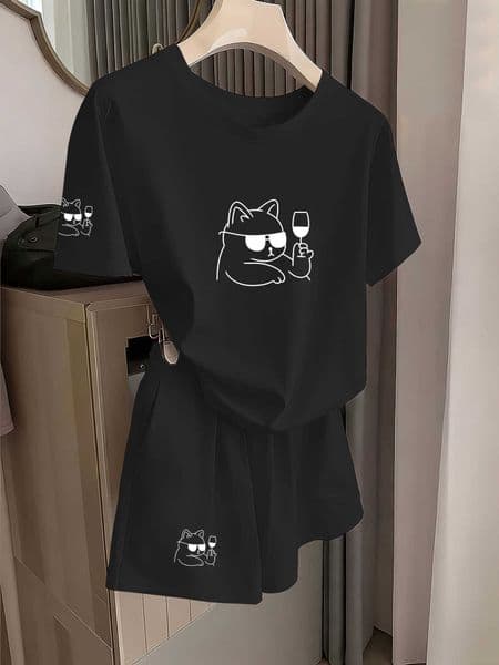 and Trendy Quirky Style Cool Cat Line Art Print ShortSveS etf orW omenL ooseF itS limmingS tylishC asualF ashionV ersatileT Shirtan dSh ortsTw oPieceSet Eve rydayStr