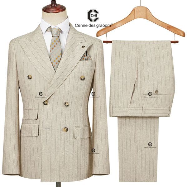 Cenne Des Graoom Double-Breasted Khaki Stripe Suits for Men Tailor-Made 2 Piece Set Jacket Pants Business Meeting Wedding 260602