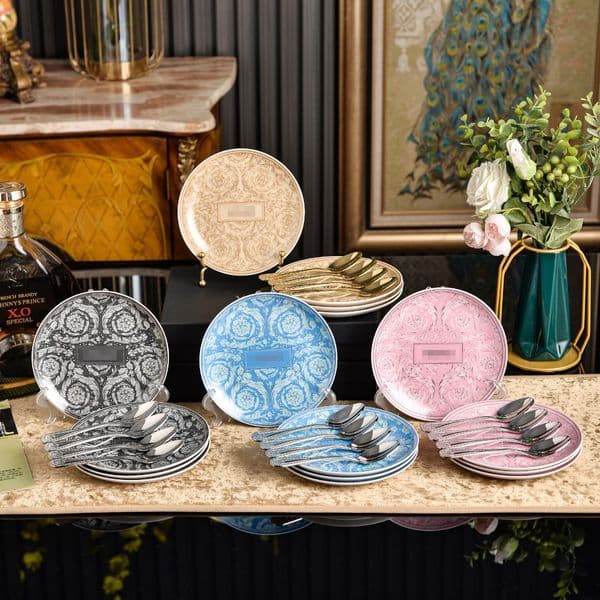 European Vintage Floral Animal Print Small Porcelain Plates, Mixed Pattern Appetizer Plates with Golden Spoon Set, Premium Dinnerware for Home Party & Holiday Gift