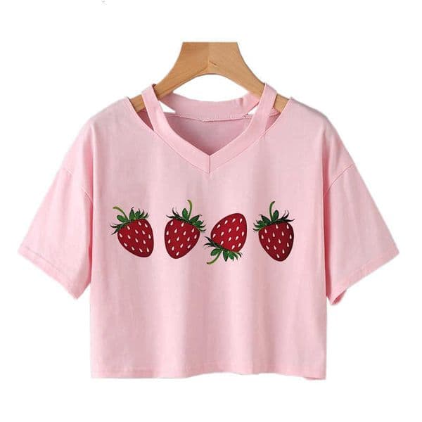 T Cropped Strawberry Shirt design Print Crop Top Short Sleeve Crew Neck T-shirt for Women Casual Spring Summer Clothing M260603