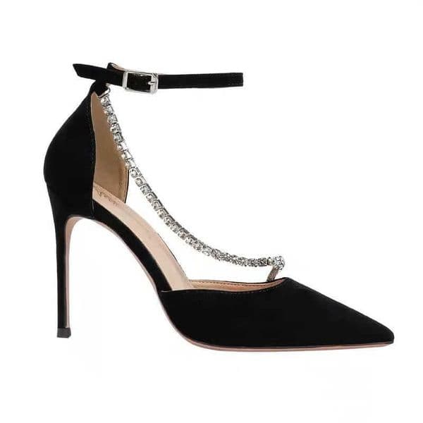 Thin High Heels Womens New Black Heel Hollow Pointed Single Shoes Sexy Baotou Button Water Drill High heeled sandals shoes H260604