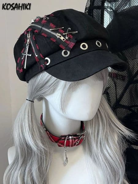 Spring Vintage Punk Gothic Y2k Bucket Hat Harajuku Patchwork Women Zipper Hats Japanese Streetwear Lolita Caps Chapeau Femme 260603