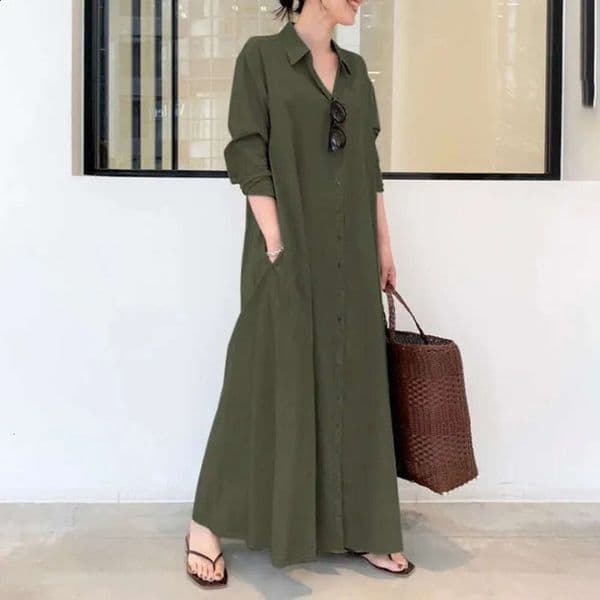 European And American Style Cotton Linen Solid Color Lapel Long Sleeved Pocket Loose Casual Long Sleeved Dress 240919 74D