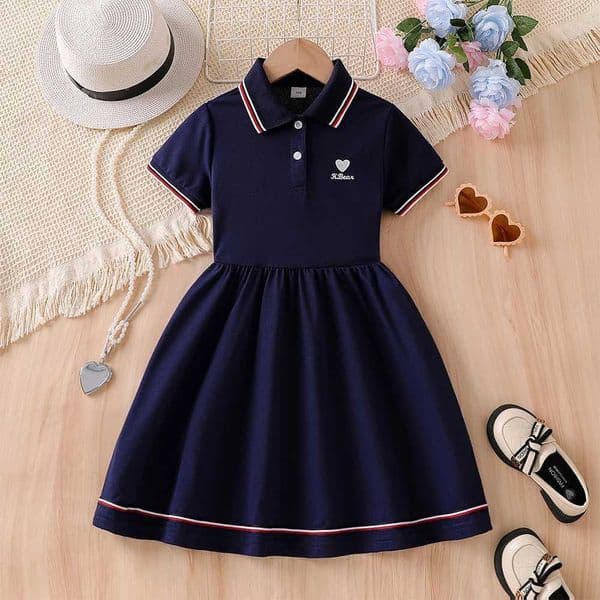 Kids Girls Polo Dress 5-12Y Summer Short Sleeve Preppy Style School Uniform Dress Navy Blue Casual A-Line Children Clothing L260602XZYI