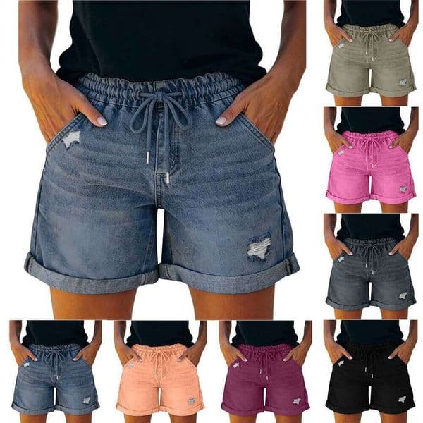 Women's Ripped Drawstring Double-Pocket Slim-Fit Sexy Denim Elastic Waist Shorts 351