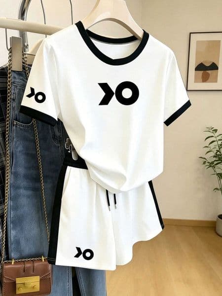 Lightweight Summer Breathable Sports Set Simple Ok Print Color-Blocked Edge T-Shirt and Shorts Two-Piece Set D260603
