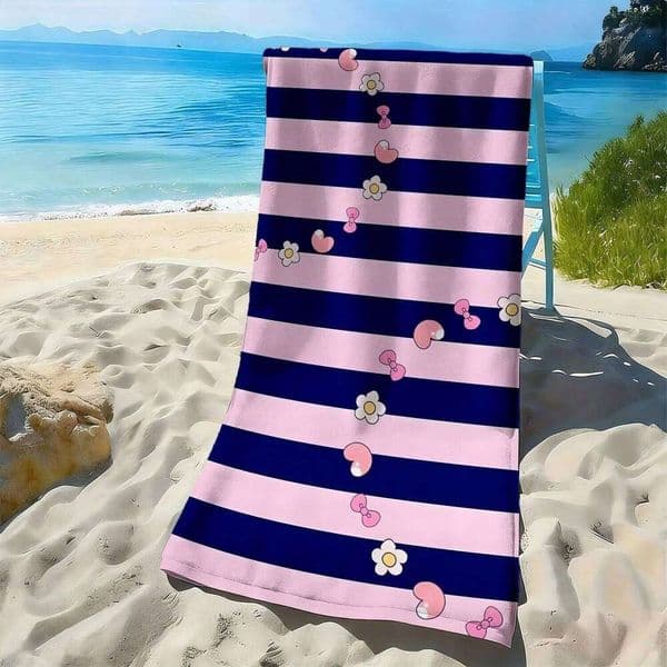 Pink and blue striped small flower pattern polyester microfiber towel is highly absorbent, suitable swimming beach outings 26Y0603