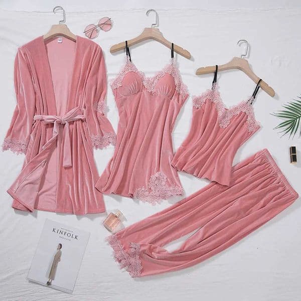 Casual Velour Home Clothing 4pcs TOP Sleep Set Intimate Lingerie Women Pajamas Suit Long Sleeve Lace Velvet Homewear Pyjamas 250103BJ Y260603