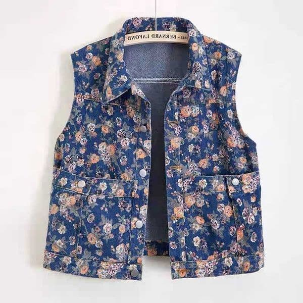 denim Big pocket printed vest womens short 2024 spring and summer new Korean version loose sleeveless top M260603