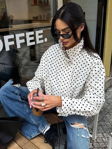 2026 Woman Autumn Long Sleeves Turtleneck Zipper With Pockets Drawstring Casual Coats Women Fashion Polka Dot Printed Jacket R260603