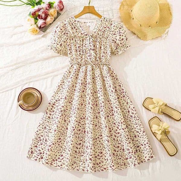 Girls 8-12 Fashion Dress Ditsy Floral Short Sleeve Elastic Waist A-Line Midi Dress Cute and Versatile for School Daily L260602IE2Z