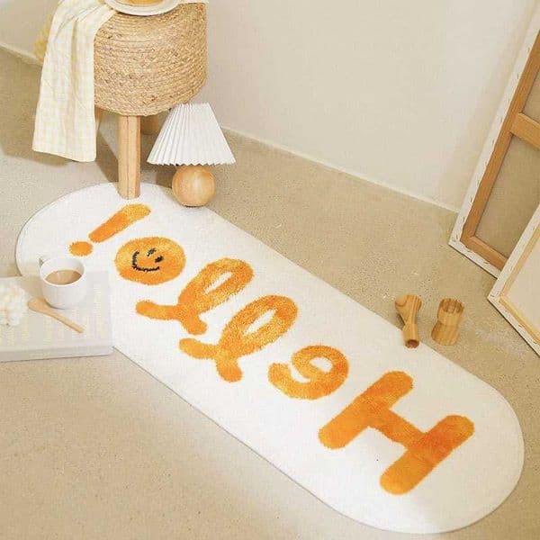 Long Nordic Bedside Strip Plush Carpet "HELLO" Cat Cartoon Cute Pattern Non Slip Bedroom Rugs Doormat Living Room Floor Mat L260603