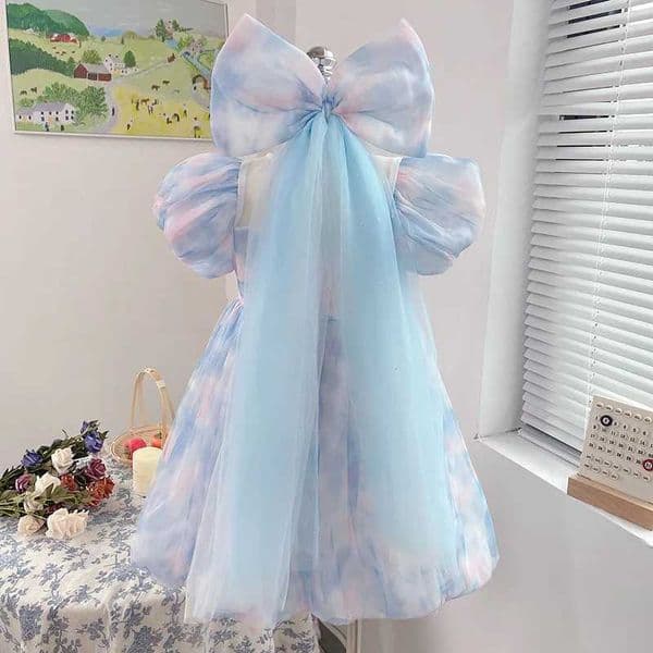 Girls Summer Flower Pearl Bow Sweet and Cute Bubble Sleeve Mesh Princess Dress Birthday Party Childrens Day Dress L260602Z6BQ