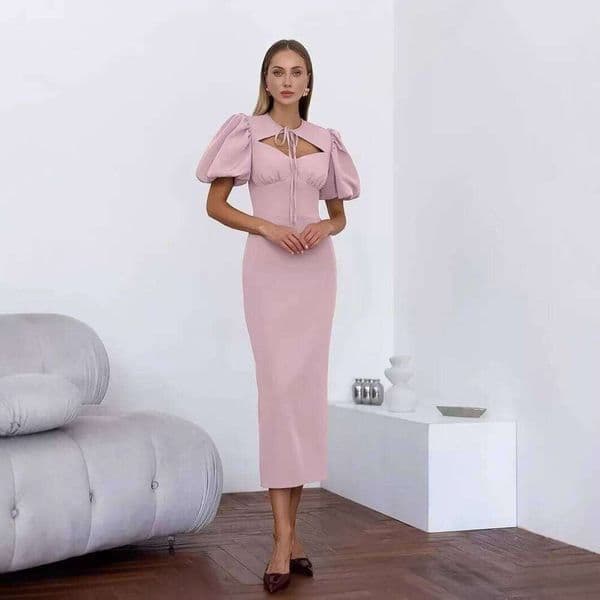 Solid Lace Up Puff Sleeve Long Dress Women Elegant Pleated Waist Cinching Slim Dresses 2026 Lady Chic Party Daily Vestidos New